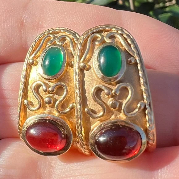 VINTAGE 14K GOLD CABOCHON GARNET GREEN CHRYSOPRASE EARRINGS STATEMENT CUSTOM - Picture 16 of 16